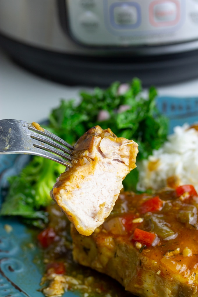 instant pot pork chop on fork