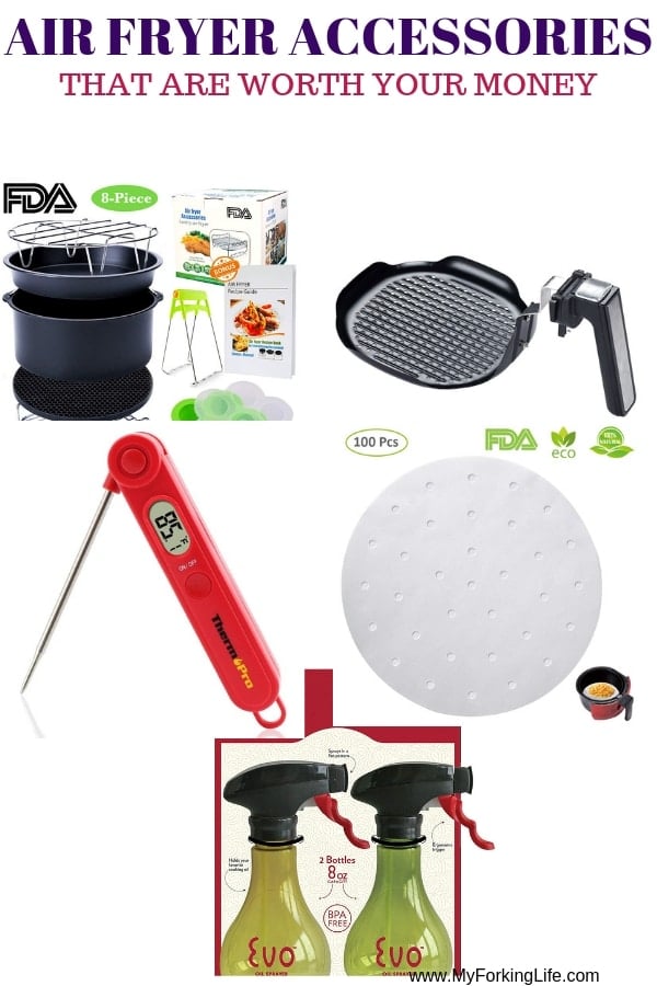various air fryer accessories (accessory kit with pans, grilling tray, thermometer, paper liners, and spray bottles). Text says air fryer accessories that are worth your money.