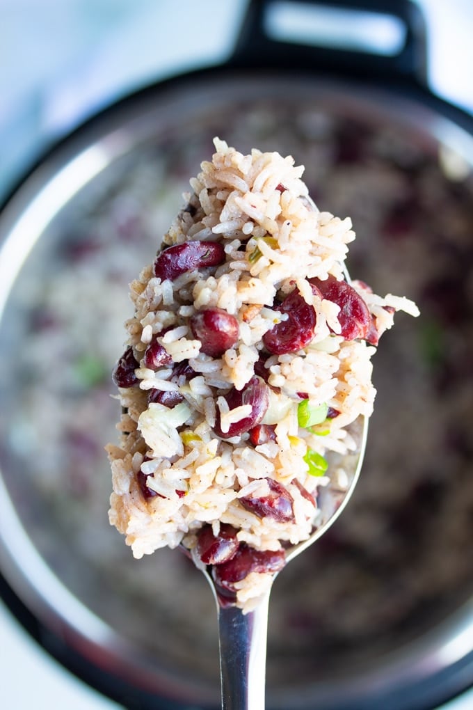 Jamaican Instant Pot Rice and Beans on a spoon