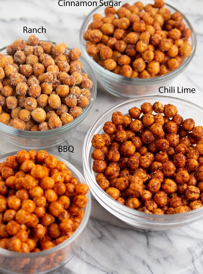 air fryer chickpeas in glass bowls with labels