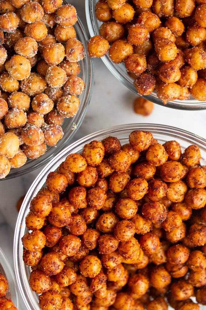 air fryer chickpeas in glass bowls close up