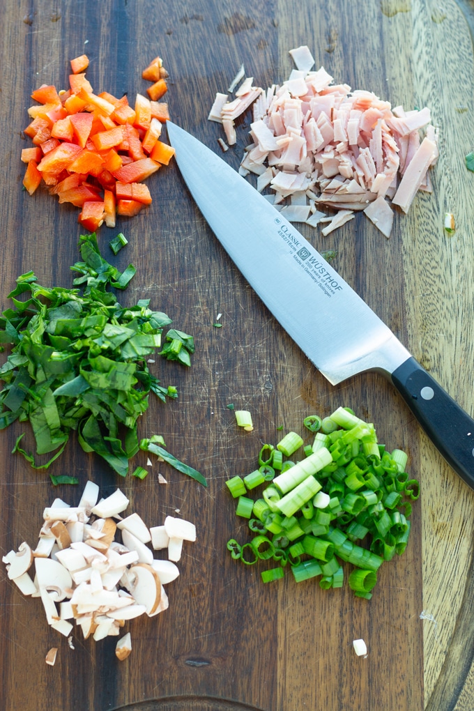 chopped vegetables and meat for air fryer egg frittata