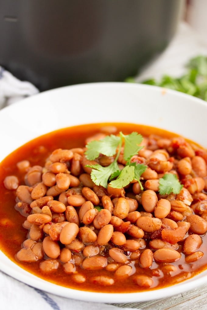 instant pot pinto beans in a large bowl with cilantro on top