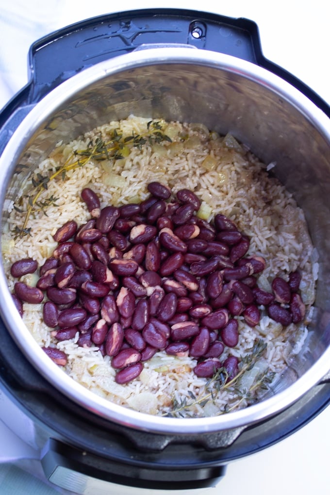 Jamaican instant pot rice and beans in the instant pot after cooking