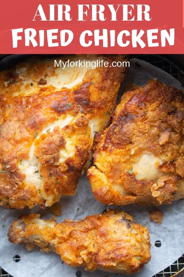 pin image of air fryer fried chicken with chicken pieces in air fryer basket