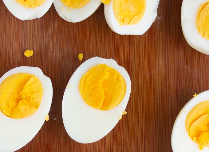 close up of air fryer hard boiled eggs cut in half