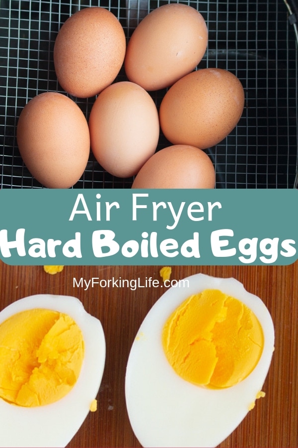 Pin image of air fryer hard boiled eggs. eggs on top and eggs cut in half on bottom. 