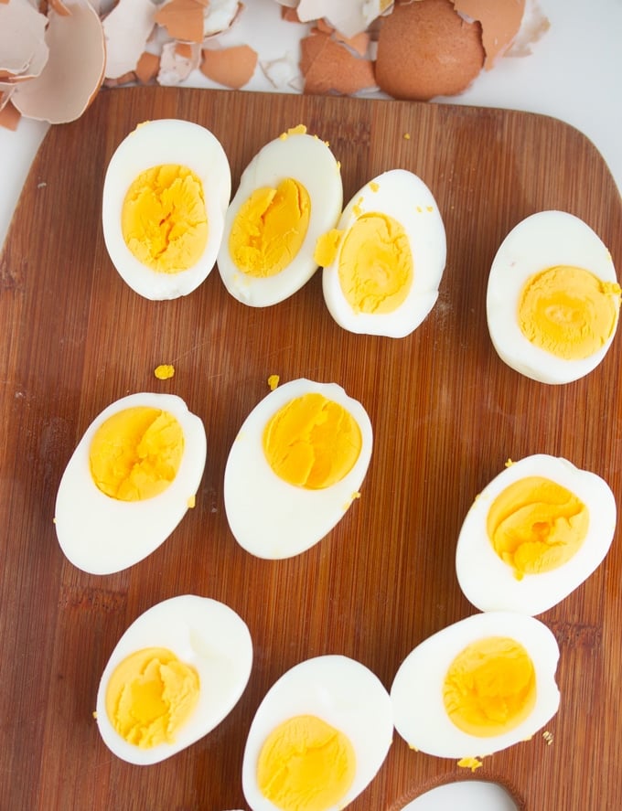 hard boiled eggs made in the Air Fryer on a cutting board