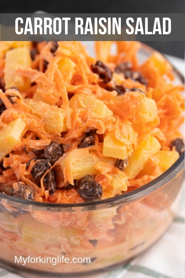 pin image of carrot raisin salad with text