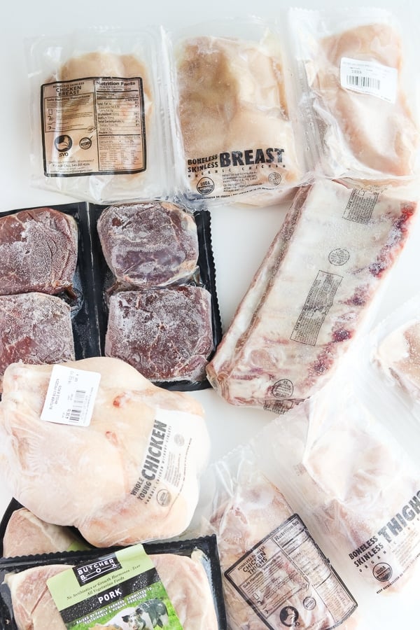 frozen butcherbox meat on a white background