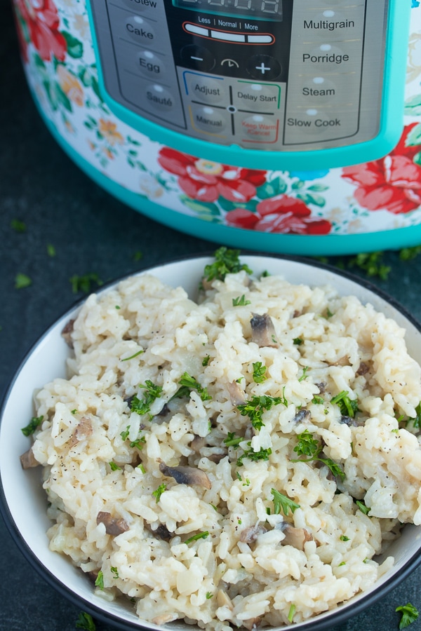 instant pot risotto in front of instant pot