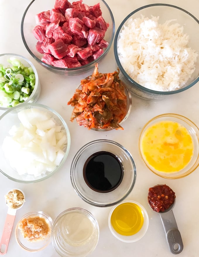 ingredients for steak kimchi fried rice layed out