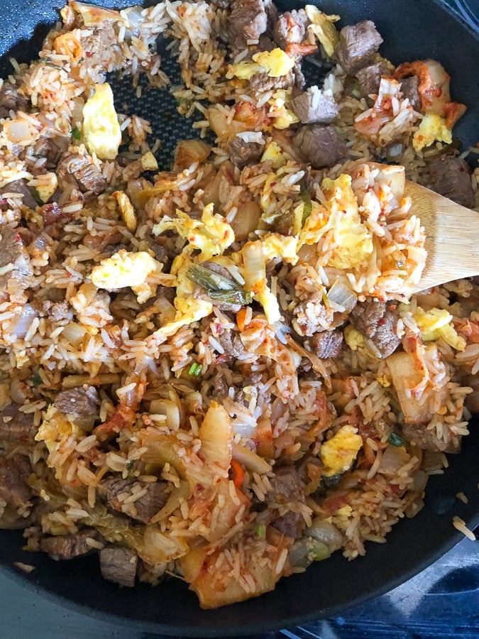 steak kimchi fried rice in a skillet