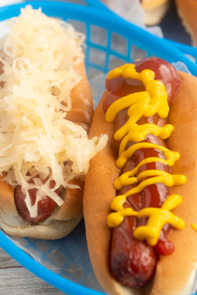 air fryer hot dogs with mustard and ketchup and sauerkraut