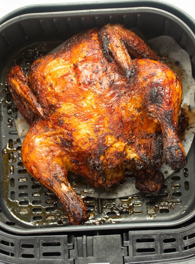 air fried whole chicken in air fryer basket