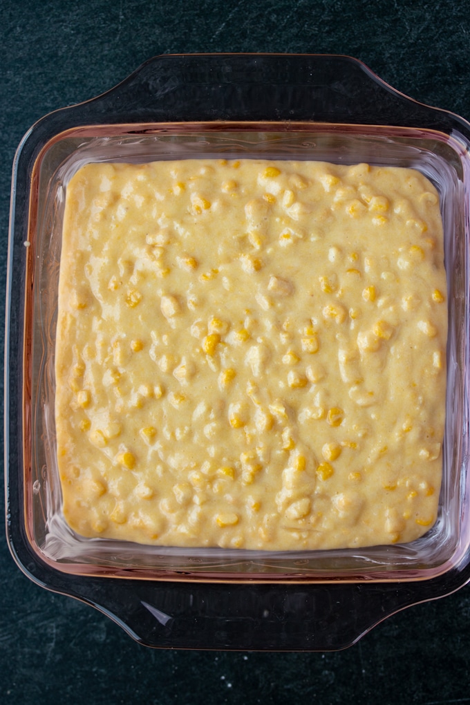 corn souffle unbaked in baking dish