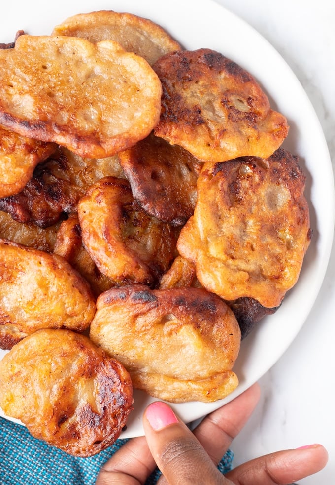 banana fritters on white plate