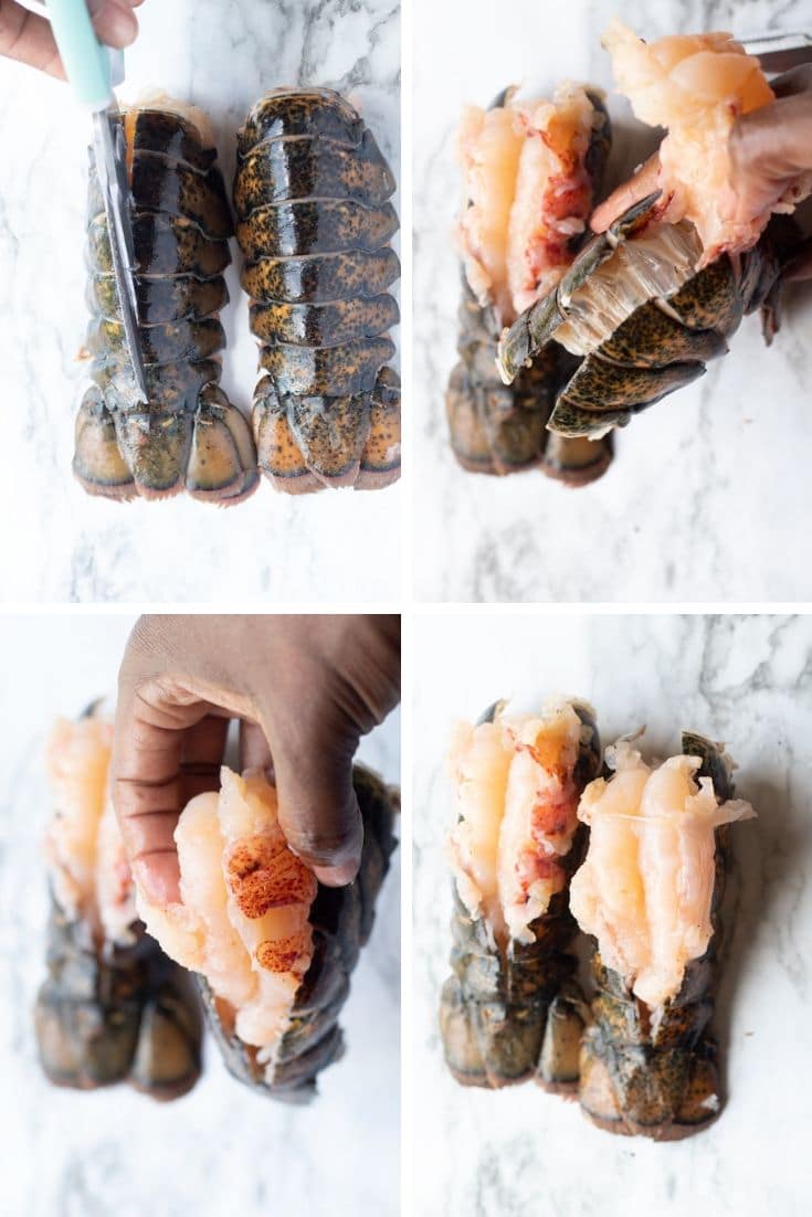step by step photo collage of how to butterlfy a lobster tail. 