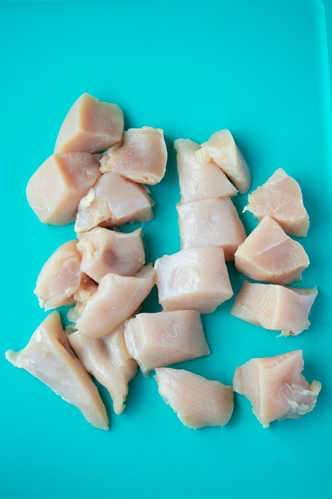 raw chicken on teal cutting board