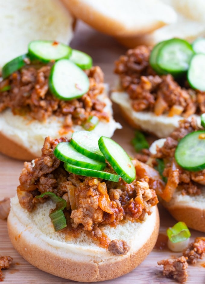 korean sloppy joe on slider bun with pickles on top