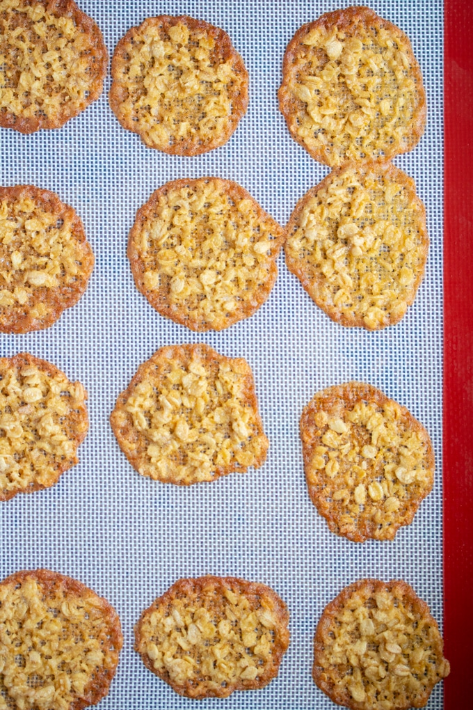 lace cookies baked on baking sheet