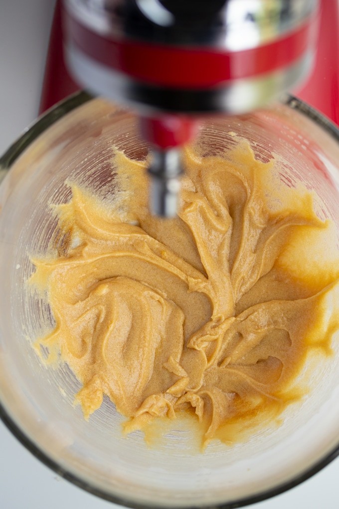 mixed cookie dough in mixing bowl