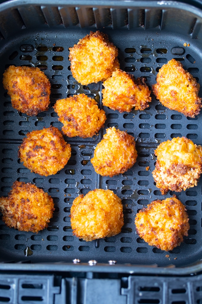 macaroni and cheese balls in air fryer basket