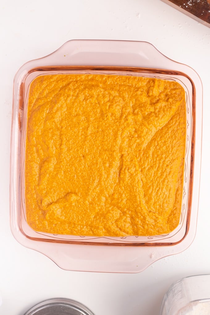 sweet potato mixture in 8x8 baking dish