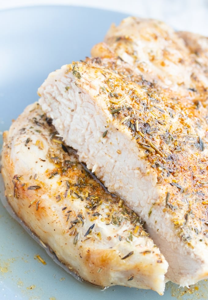 cut air fryer pork chop showing the inside of the meat