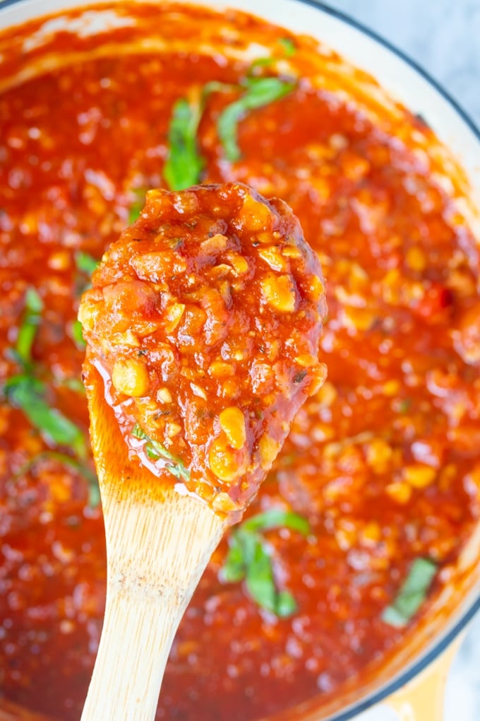 vegetarian spaghetti sauce on a spoon