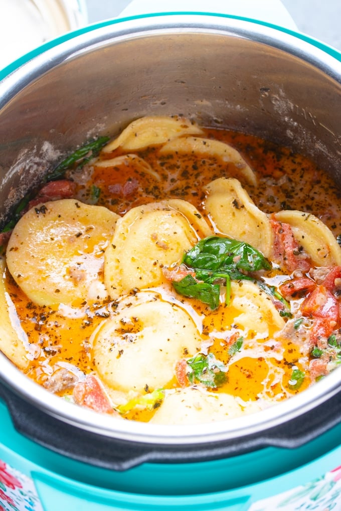 Finished instant pot ravioli in the instant pot insert