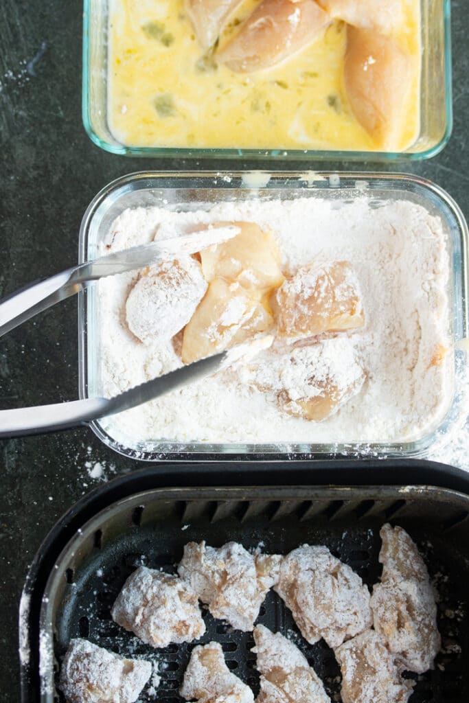 dredging station with egg, flour, and air fryer basket