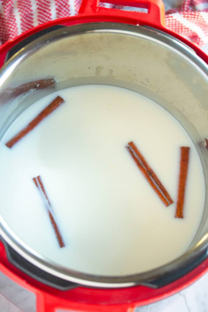 milk with water eggs and cinnamon sticks in instant pot insert