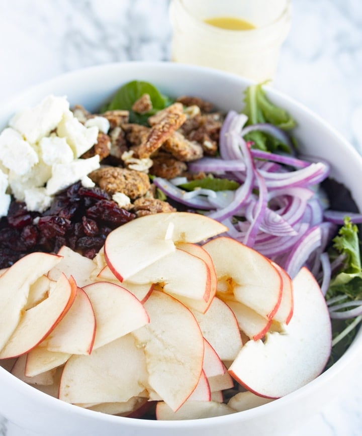 ingredients of cranberry apple salad in white bowl