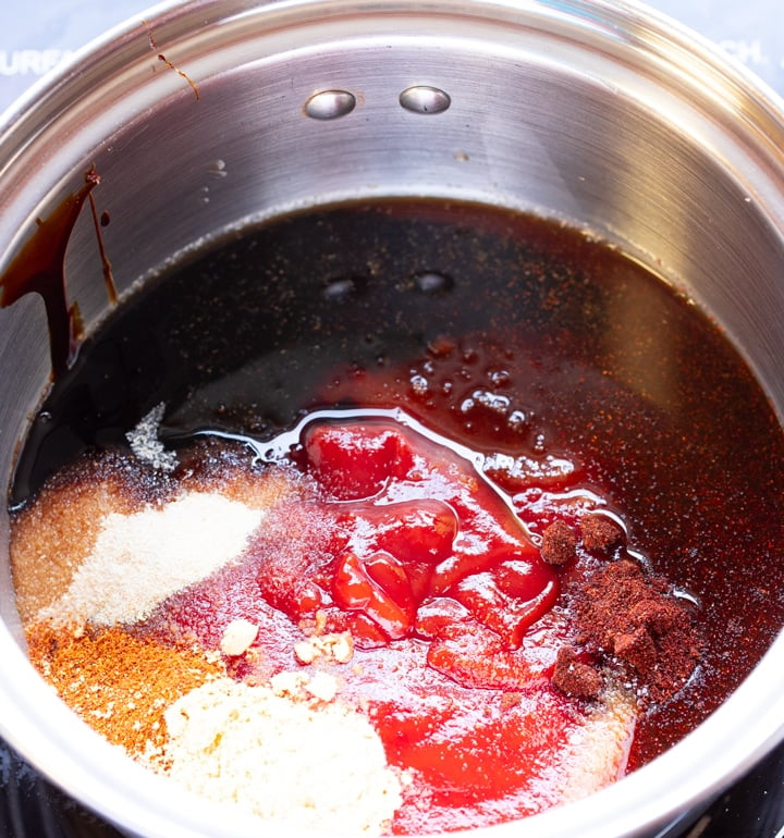 ingredients of bbq sauce in sauce pan