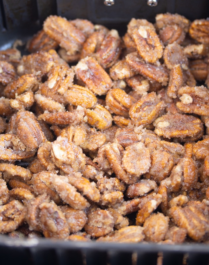 pecans covered in sugar in air fryer basket