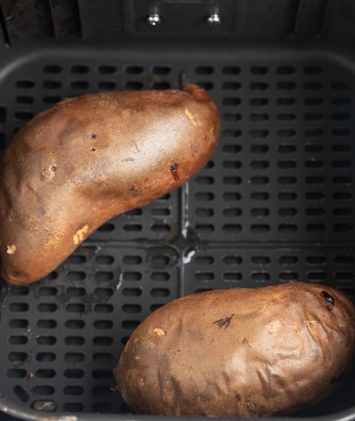 cooked sweet potatoes in air fryer basket