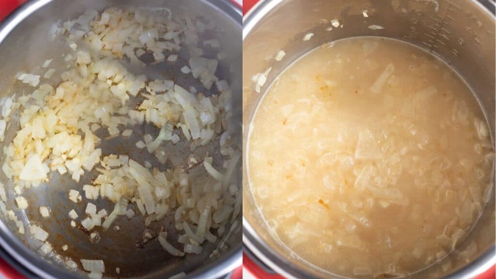 instant pot insert with onions on left and instant pot insert with onions, rice, and water on the right