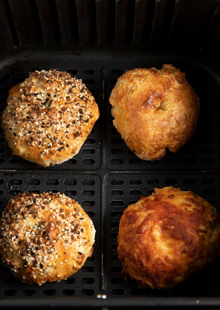 Finished bagels in air fryer basket