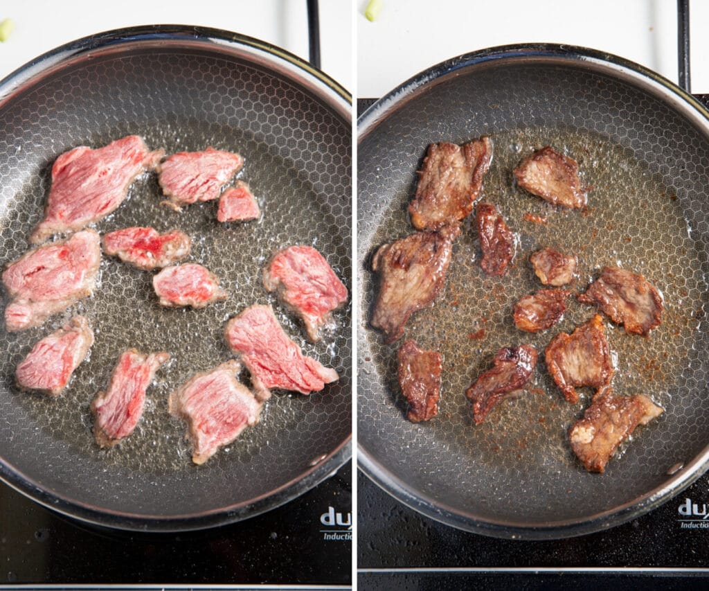 The skirt steak cooked in a skillet in oil - before and after