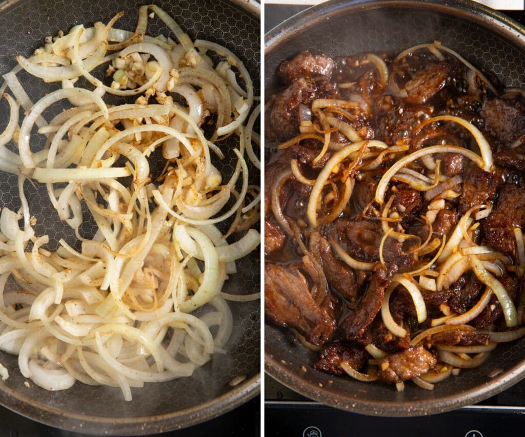 Onions and garlic sauteed and then the beef and sauces adedd