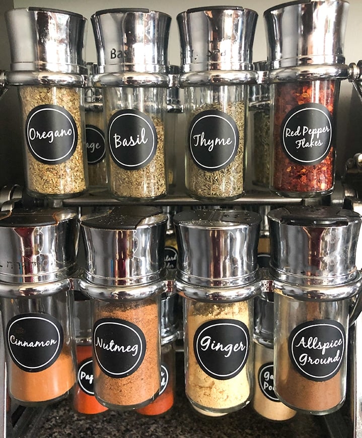 a spice rack with spices