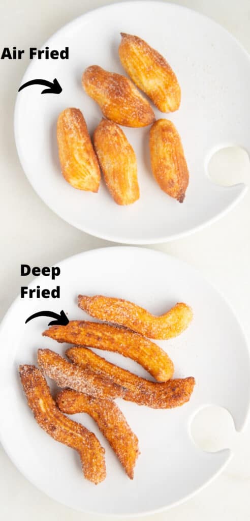 photo of air fried churros on plate on top and deep fried churros on bottom