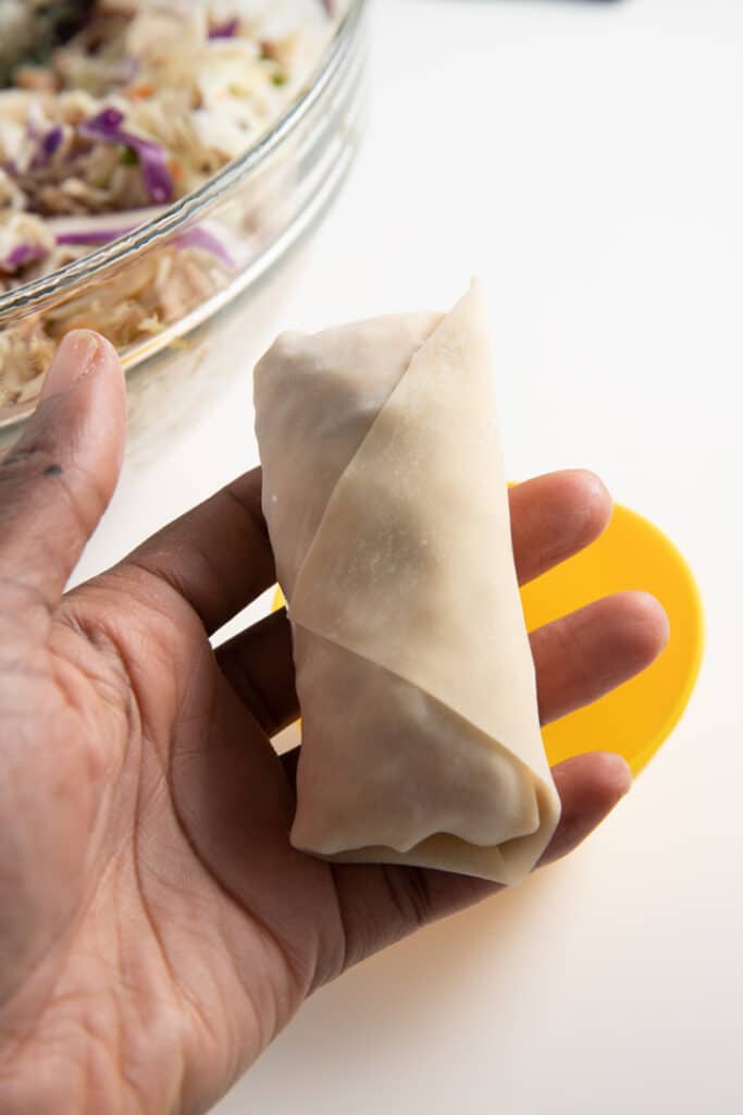 A rolled air fryer egg roll held towards the camera