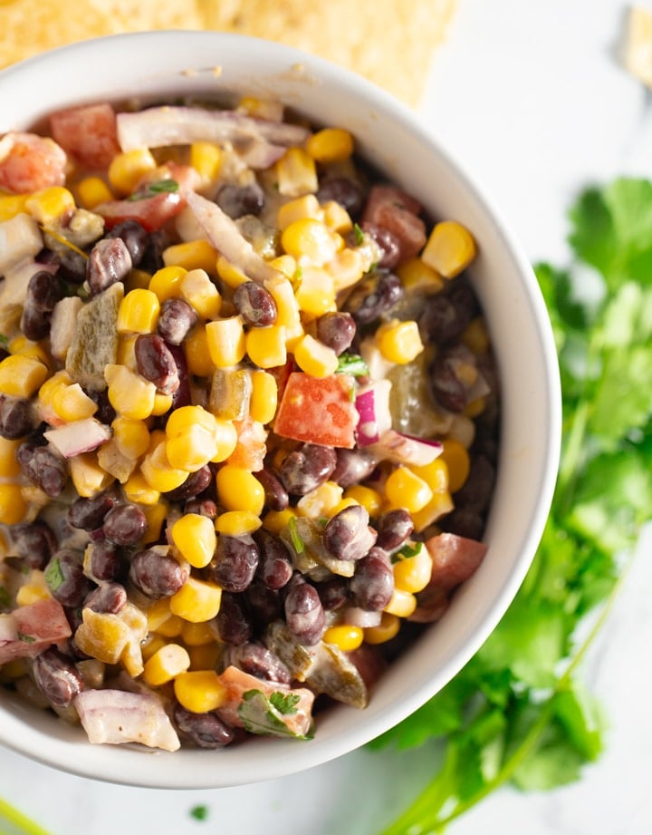 Black bean salsa in a white bowl