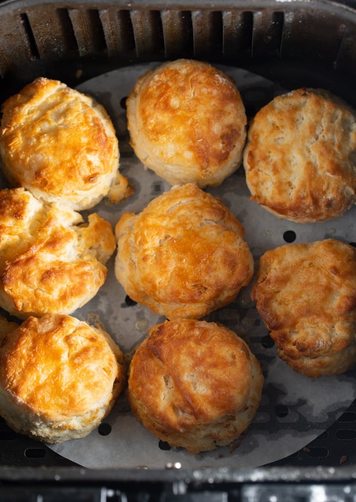 The finished biscuits in the air fryer basket