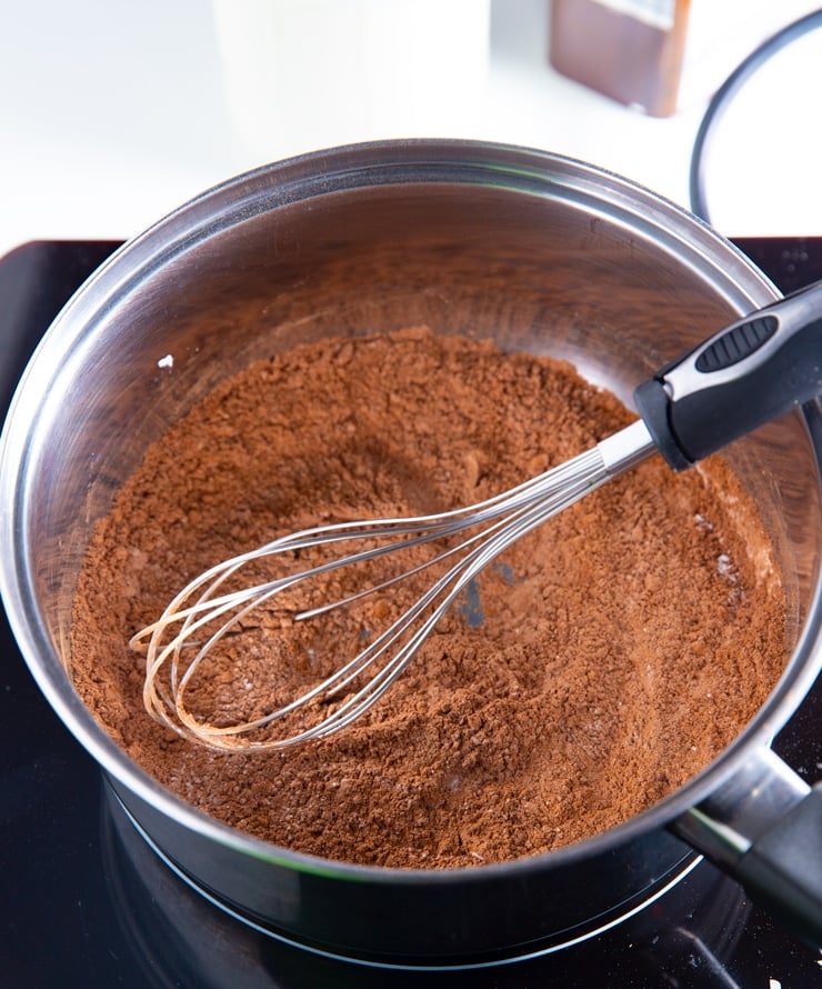 Whisking the cocoa powder in a pan