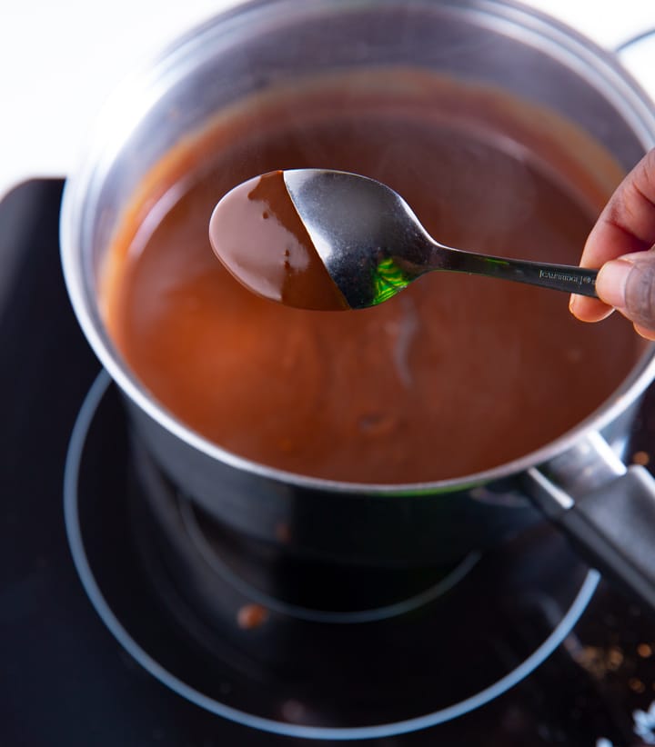 The chocolate pudding on the back of a spoon