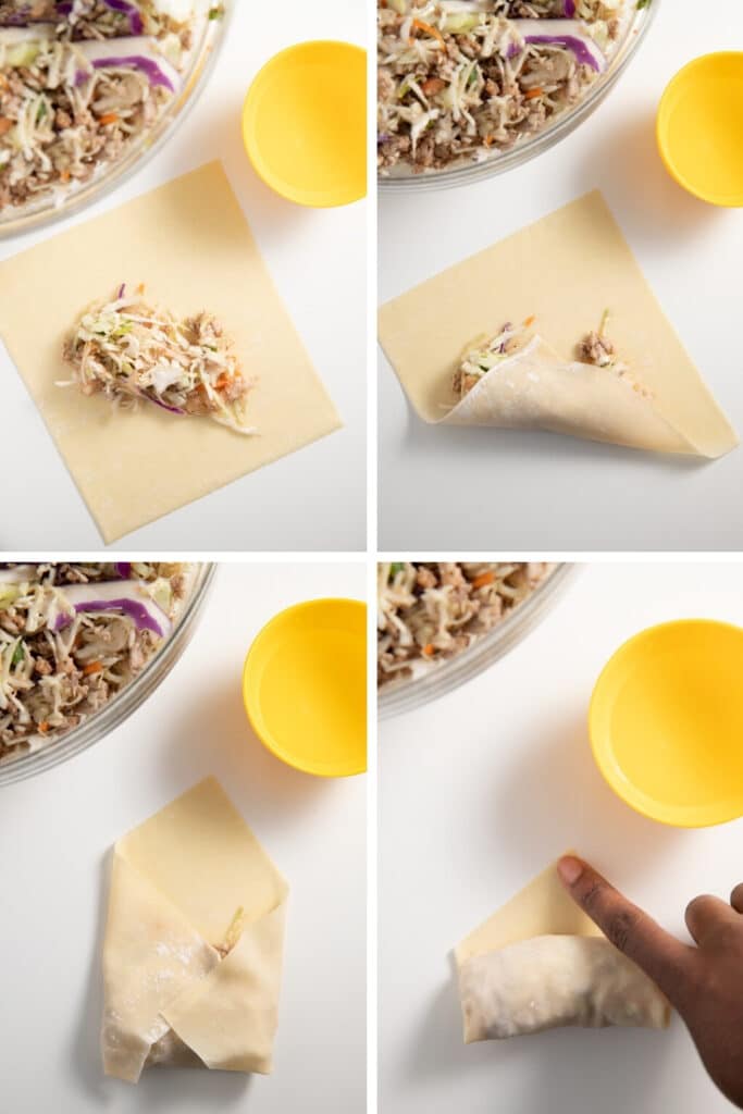 Four photos to show how to fill and roll the wraps