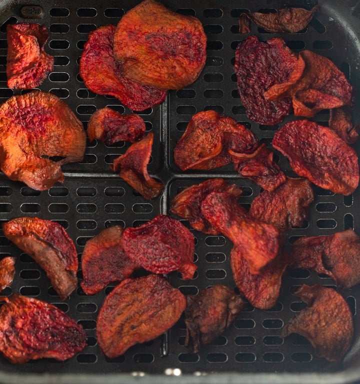 cooked beet chips in air fryer basket